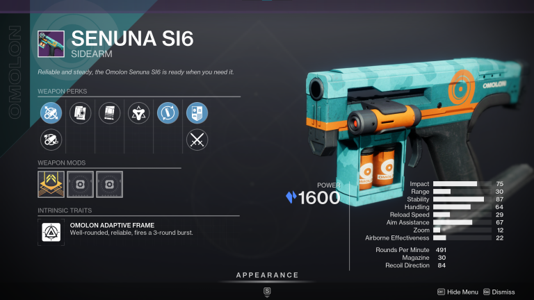 Destiny 2 Senuna SI6 Sidearm