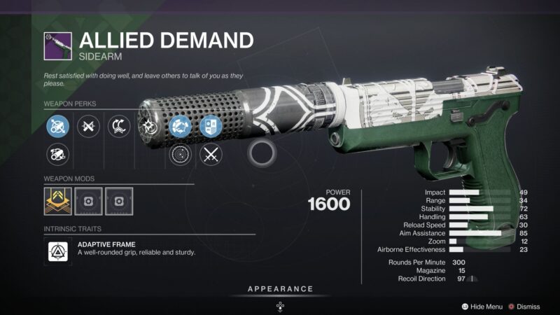 Destiny 2 Allied Demand Sidearm